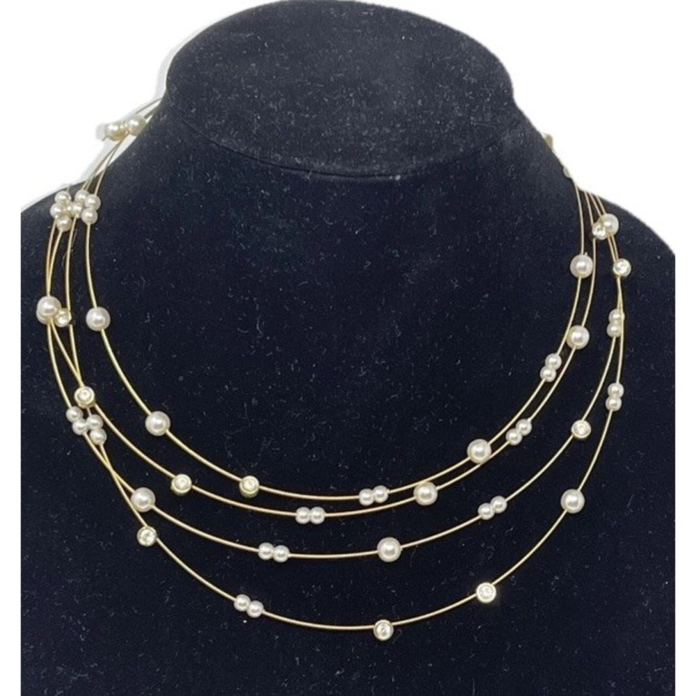 Nolan Miller Floating Faux Pearl Crystal Necklace GoldTone Vtg Dainty Delicate